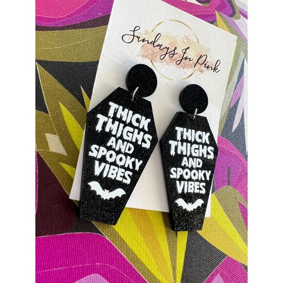 THICK THIGHS Spooky Vibes Coffin Earrings NEW - Picture 3 of 3